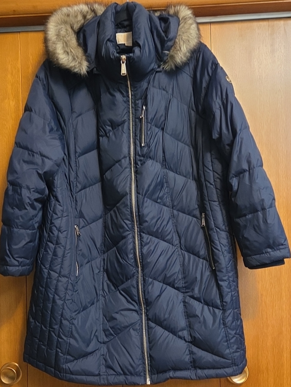Michael Kors Navy Quilted Long Puffer Coat with Faux Fur Hood Trim